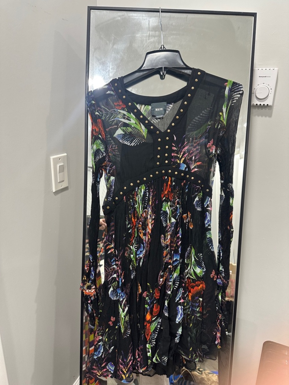 Blank NYC Black Floral Stud-Trim Long Sleeve Dress